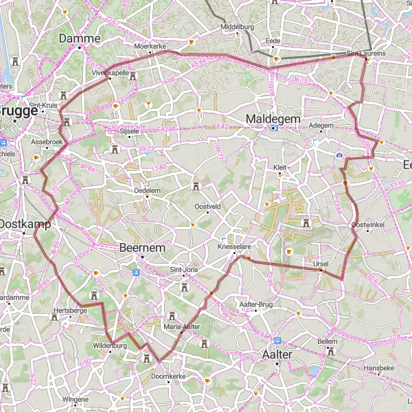 Map miniature of "Gravel Adventure through Maria-Aalter and Moershoofde" cycling inspiration in Prov. Oost-Vlaanderen, Belgium. Generated by Tarmacs.app cycling route planner