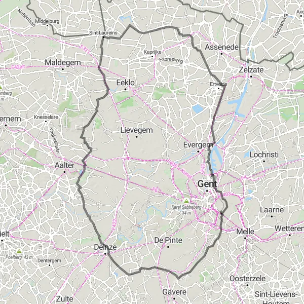 Miniature de la carte de l'inspiration cycliste "Aventure à vélo vers Deinze" dans la Prov. Oost-Vlaanderen, Belgium. Générée par le planificateur d'itinéraire cycliste Tarmacs.app