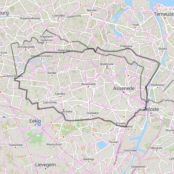 Miniatuurkaart van de fietsinspiratie "Historische fietsroute naar Watervliet en Aveschoot" in Prov. Oost-Vlaanderen, Belgium. Gemaakt door de Tarmacs.app fietsrouteplanner