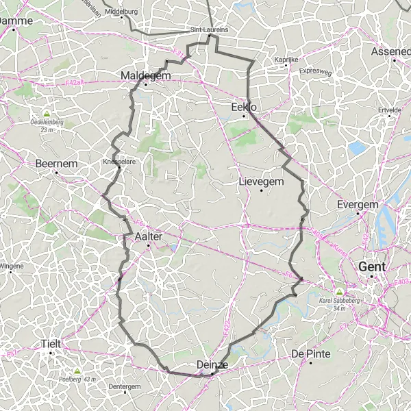 Map miniature of "Road Cycling Route to Eeklo" cycling inspiration in Prov. Oost-Vlaanderen, Belgium. Generated by Tarmacs.app cycling route planner