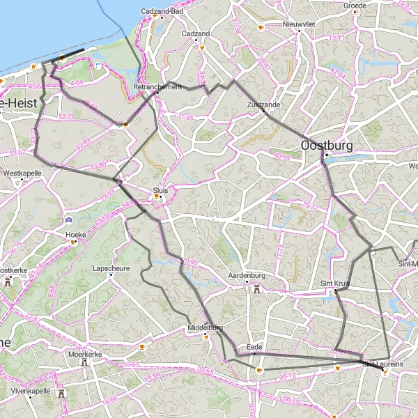 Miniatuurkaart van de fietsinspiratie "Wegroute naar Retranchement en Oostburgsche Brug" in Prov. Oost-Vlaanderen, Belgium. Gemaakt door de Tarmacs.app fietsrouteplanner