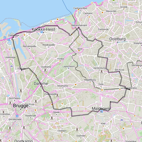 Karten-Miniaturansicht der Radinspiration "Die historische Route von Sint-Laureins nach Zeebrugge" in Prov. Oost-Vlaanderen, Belgium. Erstellt vom Tarmacs.app-Routenplaner für Radtouren