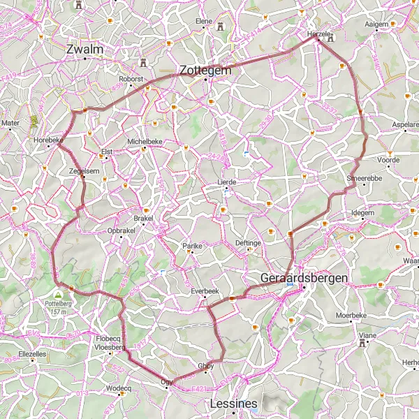 Map miniature of "Challenging Gravel Trek in Ghoy" cycling inspiration in Prov. Oost-Vlaanderen, Belgium. Generated by Tarmacs.app cycling route planner