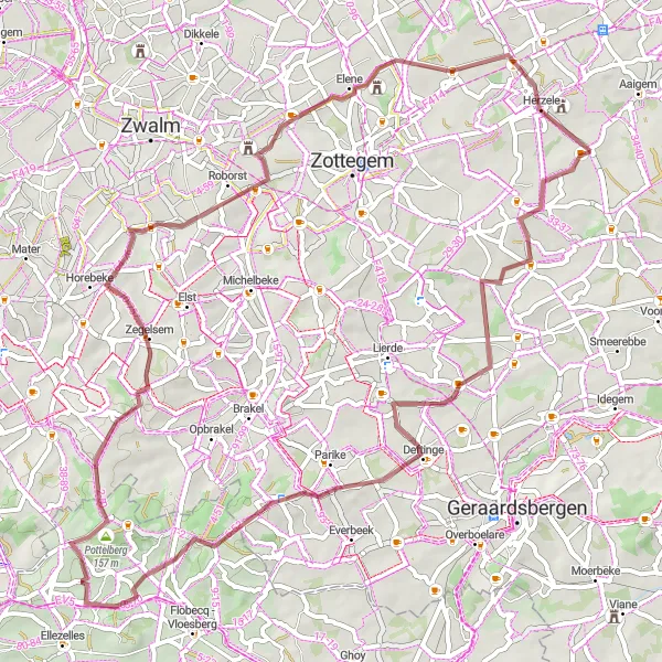 Karten-Miniaturansicht der Radinspiration "Gravelabenteuer um Sint-Lievens-Esse" in Prov. Oost-Vlaanderen, Belgium. Erstellt vom Tarmacs.app-Routenplaner für Radtouren