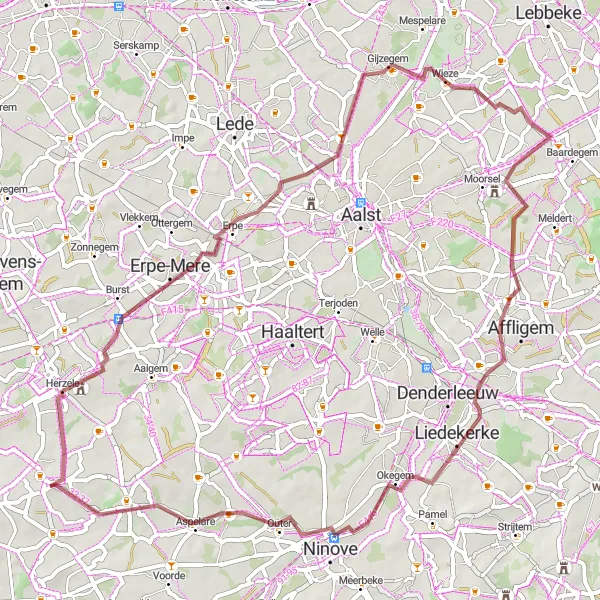 Miniatuurkaart van de fietsinspiratie "Gravelroute rond Sint-Lievens-Esse" in Prov. Oost-Vlaanderen, Belgium. Gemaakt door de Tarmacs.app fietsrouteplanner