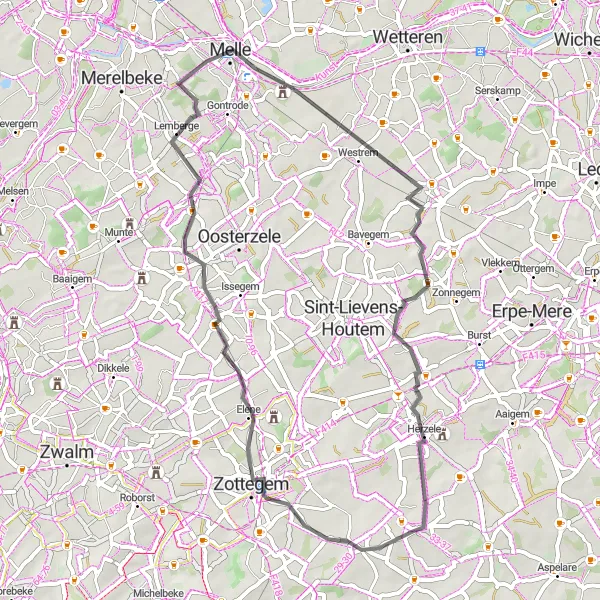 Miniatuurkaart van de fietsinspiratie "Road route naar Melle" in Prov. Oost-Vlaanderen, Belgium. Gemaakt door de Tarmacs.app fietsrouteplanner