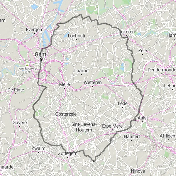 Miniatuurkaart van de fietsinspiratie "Fietsroute rond Sint-Lievens-Esse en omgeving" in Prov. Oost-Vlaanderen, Belgium. Gemaakt door de Tarmacs.app fietsrouteplanner