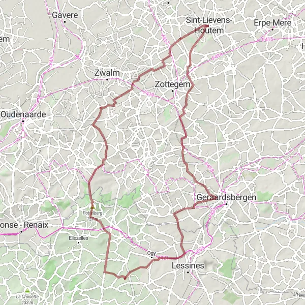 Karten-Miniaturansicht der Radinspiration "Gravel-Abenteuer durch Ogy und Leberg" in Prov. Oost-Vlaanderen, Belgium. Erstellt vom Tarmacs.app-Routenplaner für Radtouren