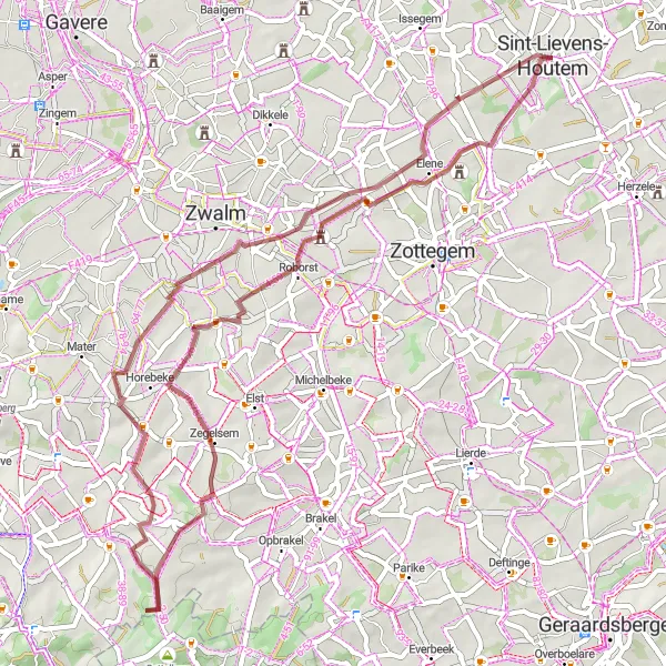 Map miniature of "Gravel Route 1" cycling inspiration in Prov. Oost-Vlaanderen, Belgium. Generated by Tarmacs.app cycling route planner