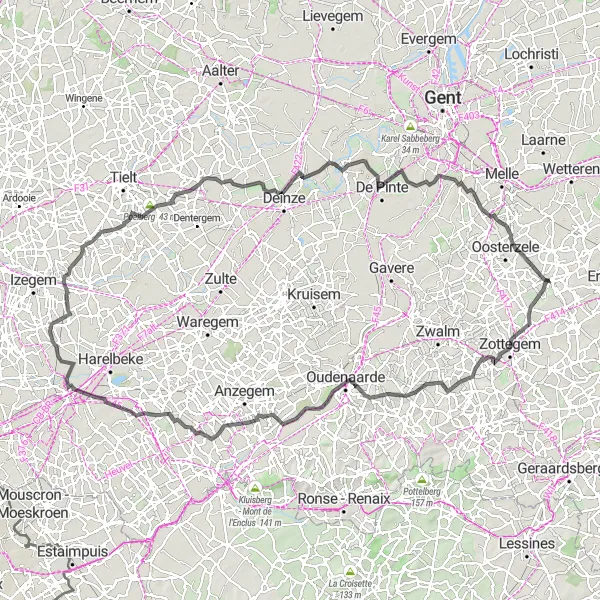 Map miniature of "Flanders' Countryside" cycling inspiration in Prov. Oost-Vlaanderen, Belgium. Generated by Tarmacs.app cycling route planner