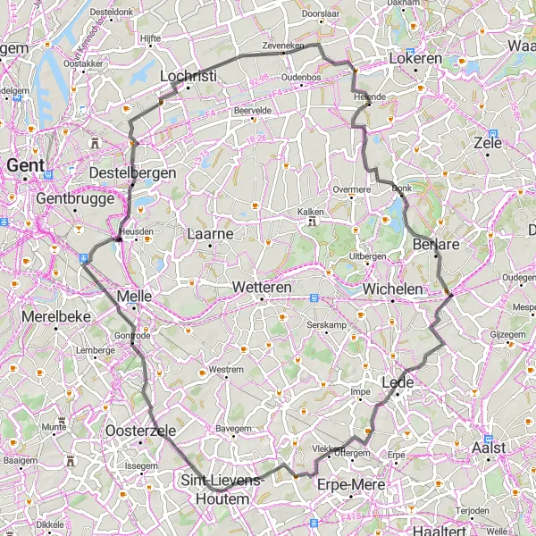 Karten-Miniaturansicht der Radinspiration "Rundweg durch Gontrode und Lede" in Prov. Oost-Vlaanderen, Belgium. Erstellt vom Tarmacs.app-Routenplaner für Radtouren