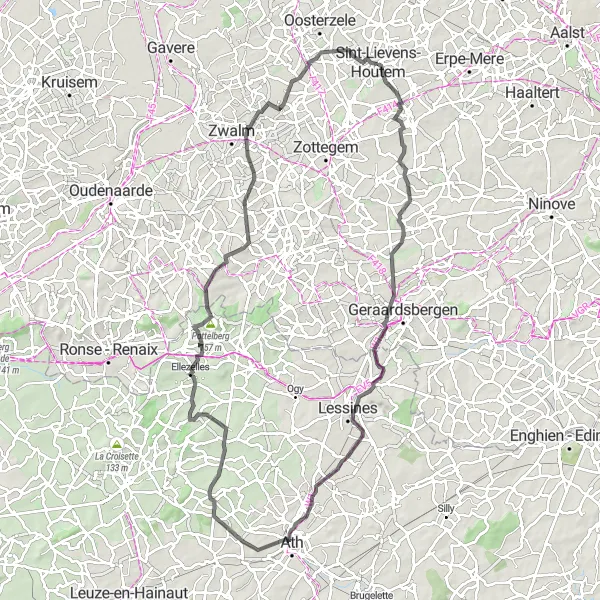 Karten-Miniaturansicht der Radinspiration "Große Tour durch Ath und Ellezelles" in Prov. Oost-Vlaanderen, Belgium. Erstellt vom Tarmacs.app-Routenplaner für Radtouren