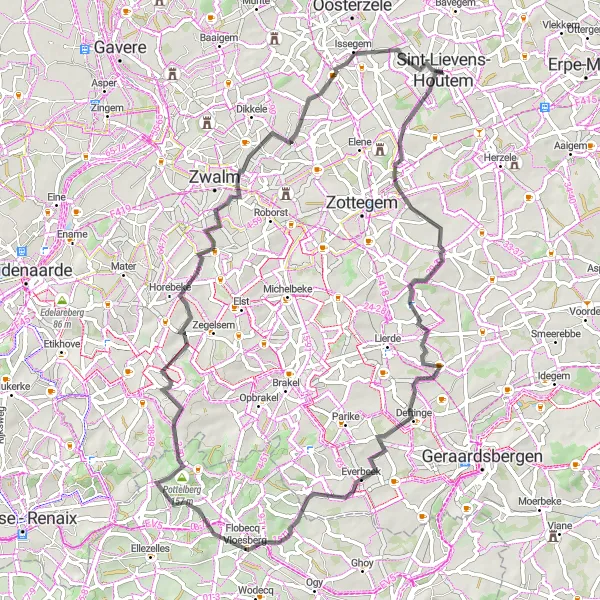 Miniatuurkaart van de fietsinspiratie "Historische Hellingen van Oost-Vlaanderen" in Prov. Oost-Vlaanderen, Belgium. Gemaakt door de Tarmacs.app fietsrouteplanner