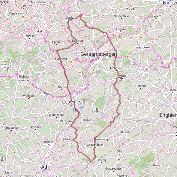 Miniatuurkaart van de fietsinspiratie "Lierde-Lessines Gravelroute" in Prov. Oost-Vlaanderen, Belgium. Gemaakt door de Tarmacs.app fietsrouteplanner