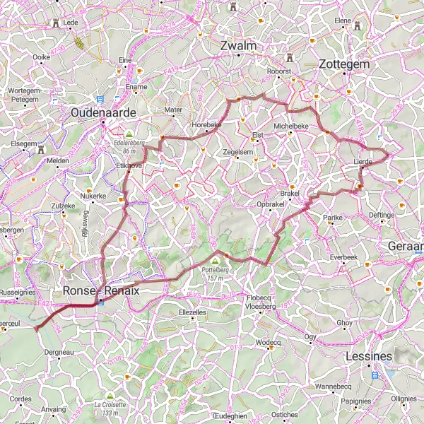 Miniatuurkaart van de fietsinspiratie "Gravelavontuur in de Vlaamse Ardennen" in Prov. Oost-Vlaanderen, Belgium. Gemaakt door de Tarmacs.app fietsrouteplanner