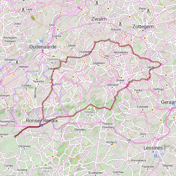 Map miniature of "The Gravel Gem of Lierde" cycling inspiration in Prov. Oost-Vlaanderen, Belgium. Generated by Tarmacs.app cycling route planner