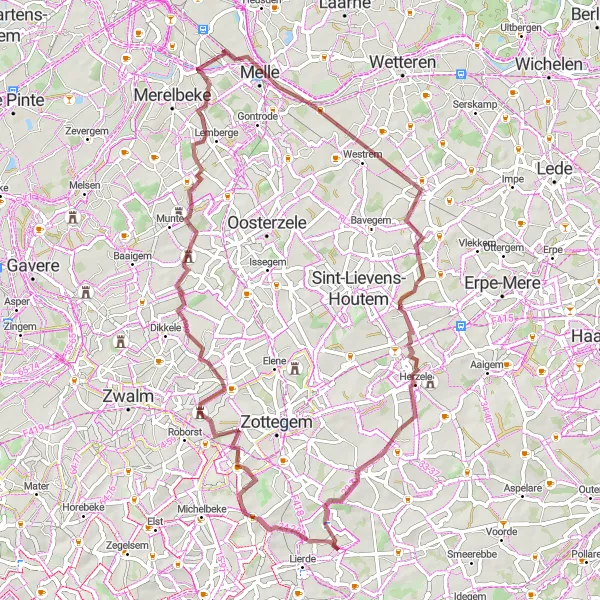 Miniatuurkaart van de fietsinspiratie "Gravelroute rond Sint-Maria-Lierde" in Prov. Oost-Vlaanderen, Belgium. Gemaakt door de Tarmacs.app fietsrouteplanner