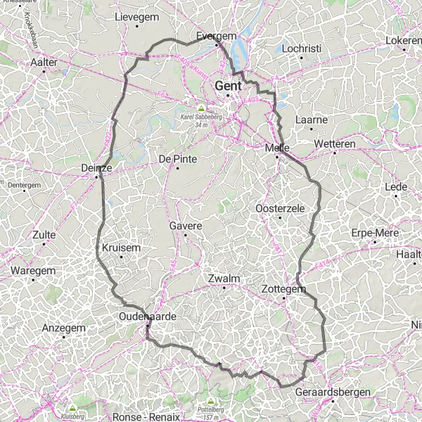 Miniatuurkaart van de fietsinspiratie "Langs heuvels en kastelen" in Prov. Oost-Vlaanderen, Belgium. Gemaakt door de Tarmacs.app fietsrouteplanner