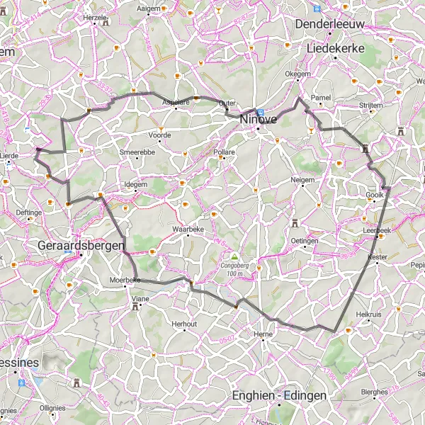 Miniature de la carte de l'inspiration cycliste "Boucle de Sint-Maria-Lierde" dans la Prov. Oost-Vlaanderen, Belgium. Générée par le planificateur d'itinéraire cycliste Tarmacs.app
