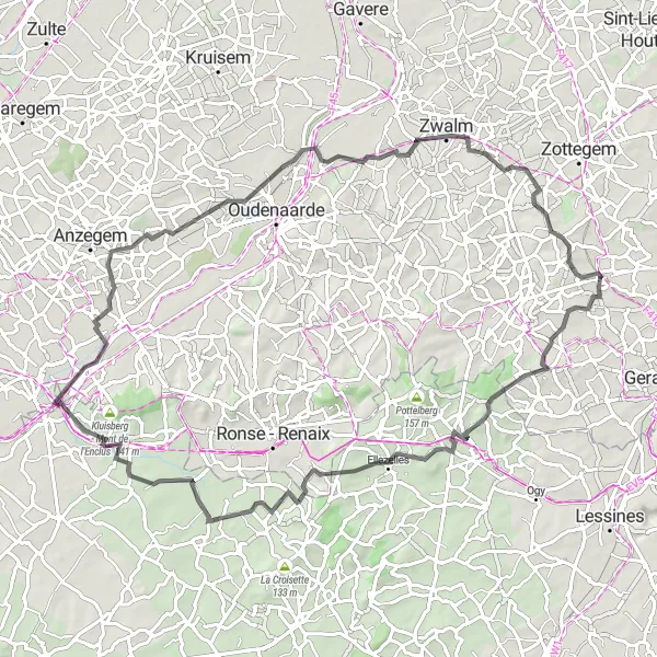 Miniature de la carte de l'inspiration cycliste "Aventure cycliste à Ellezelles et Eine" dans la Prov. Oost-Vlaanderen, Belgium. Générée par le planificateur d'itinéraire cycliste Tarmacs.app