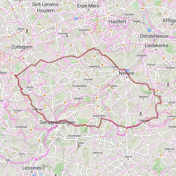 Miniatuurkaart van de fietsinspiratie "Gravel route van Sint-Maria-Oudenhove" in Prov. Oost-Vlaanderen, Belgium. Gemaakt door de Tarmacs.app fietsrouteplanner