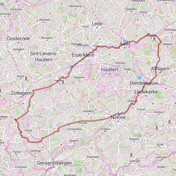 Miniatuurkaart van de fietsinspiratie "Gravelroute langs de Dender" in Prov. Oost-Vlaanderen, Belgium. Gemaakt door de Tarmacs.app fietsrouteplanner