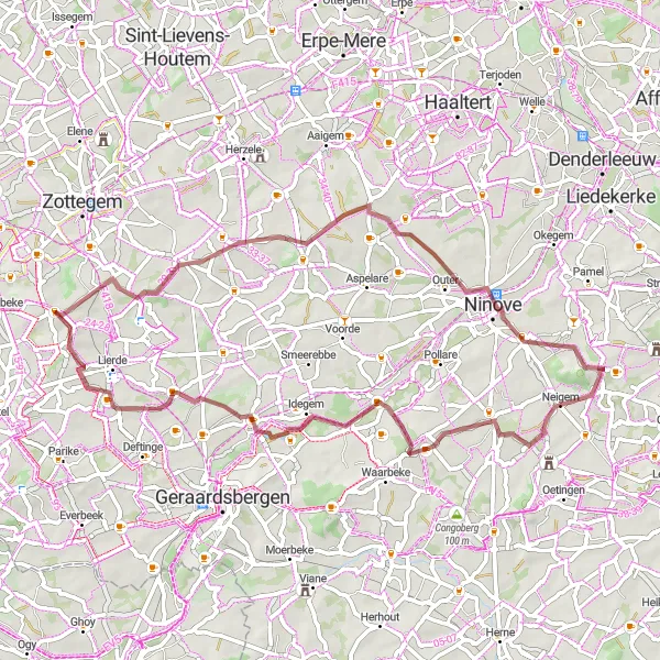 Miniature de la carte de l'inspiration cycliste "Le Tour de la Campagne Flamande" dans la Prov. Oost-Vlaanderen, Belgium. Générée par le planificateur d'itinéraire cycliste Tarmacs.app