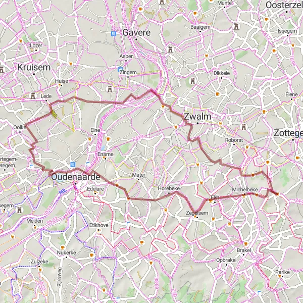 Karten-Miniaturansicht der Radinspiration "Gravel-Tour durch Oudenaarde und Horebeke" in Prov. Oost-Vlaanderen, Belgium. Erstellt vom Tarmacs.app-Routenplaner für Radtouren