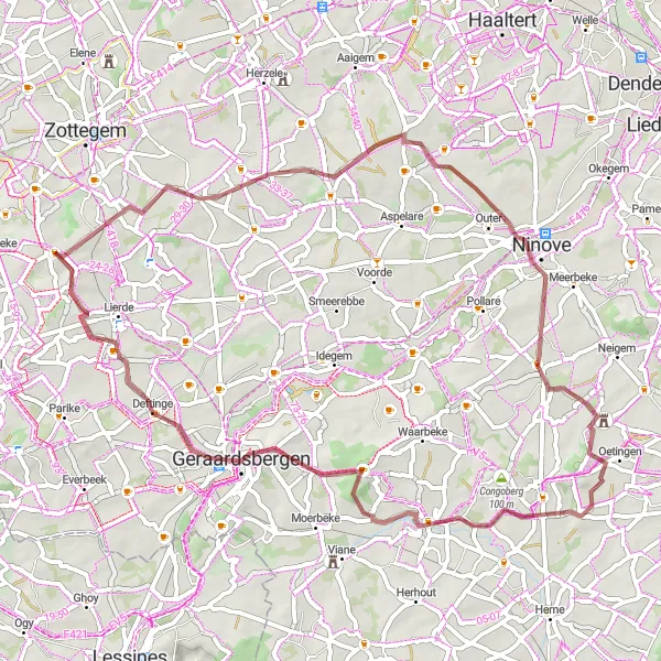 Karten-Miniaturansicht der Radinspiration "Gravelroute von Sint-Maria-Oudenhove nach Geraardsbergen" in Prov. Oost-Vlaanderen, Belgium. Erstellt vom Tarmacs.app-Routenplaner für Radtouren