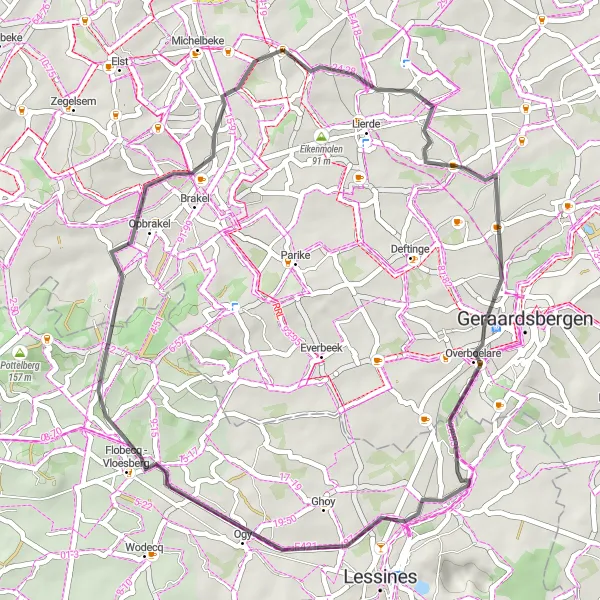 Map miniature of "Road route near Sint-Maria-Oudenhove" cycling inspiration in Prov. Oost-Vlaanderen, Belgium. Generated by Tarmacs.app cycling route planner