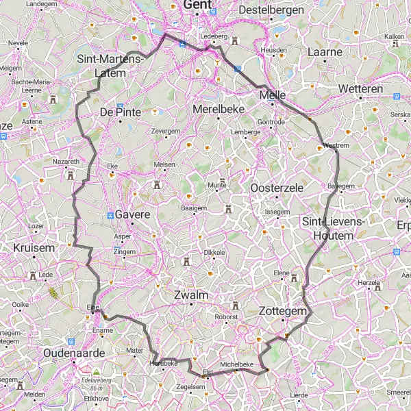 Karten-Miniaturansicht der Radinspiration "Roadroute von Sint-Maria-Oudenhove nach Sint-Goriks-Oudenhove" in Prov. Oost-Vlaanderen, Belgium. Erstellt vom Tarmacs.app-Routenplaner für Radtouren