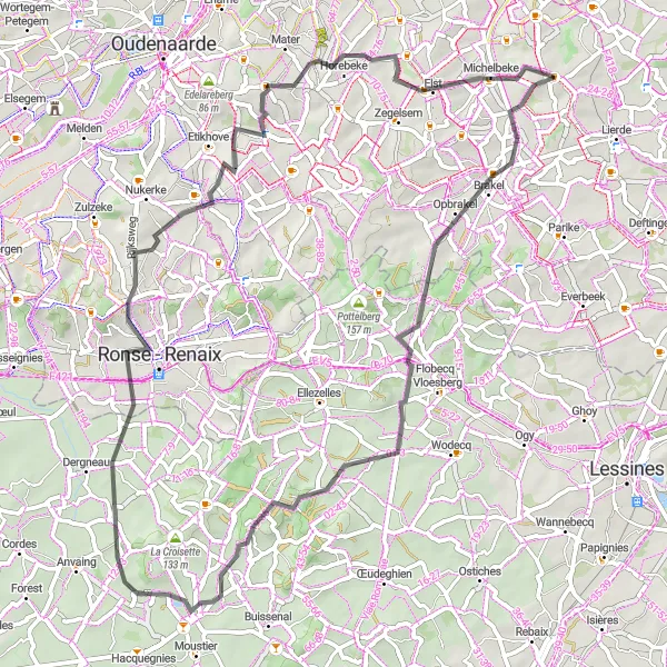 Miniature de la carte de l'inspiration cycliste "Les monts de Flandre" dans la Prov. Oost-Vlaanderen, Belgium. Générée par le planificateur d'itinéraire cycliste Tarmacs.app