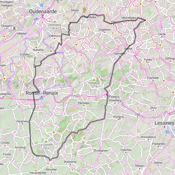 Map miniature of "Hills and Cobbles" cycling inspiration in Prov. Oost-Vlaanderen, Belgium. Generated by Tarmacs.app cycling route planner