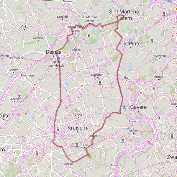 Map miniature of "Huise - Kruishoutem - Sint-Martens-Leerne - Sint-Martens-Latem Loop" cycling inspiration in Prov. Oost-Vlaanderen, Belgium. Generated by Tarmacs.app cycling route planner