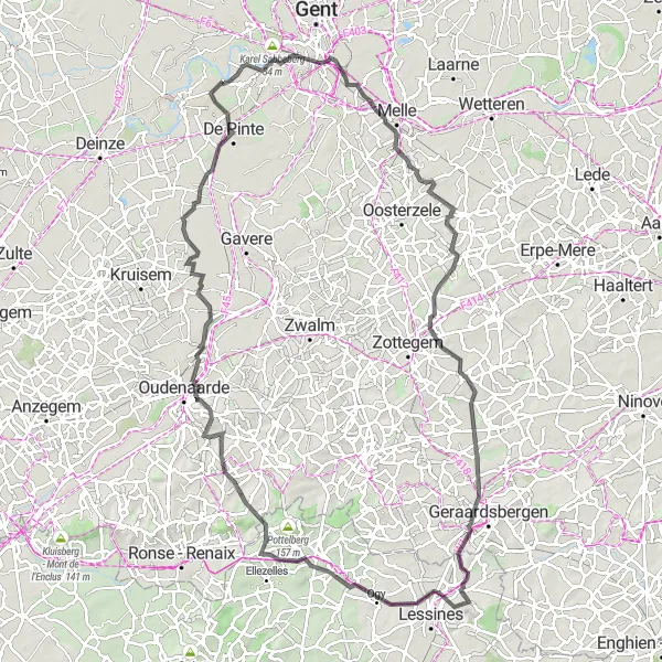 Miniature de la carte de l'inspiration cycliste "Circuit Route autour de Sint-Martens-Latem" dans la Prov. Oost-Vlaanderen, Belgium. Générée par le planificateur d'itinéraire cycliste Tarmacs.app