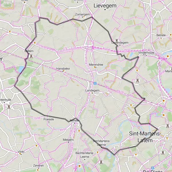 Miniatuurkaart van de fietsinspiratie "Verkenning van Dorpen en Natuurschoon" in Prov. Oost-Vlaanderen, Belgium. Gemaakt door de Tarmacs.app fietsrouteplanner