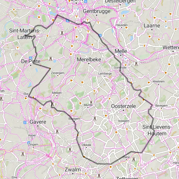 Miniatuurkaart van de fietsinspiratie "Rondje door het groene landschap van Oost-Vlaanderen" in Prov. Oost-Vlaanderen, Belgium. Gemaakt door de Tarmacs.app fietsrouteplanner