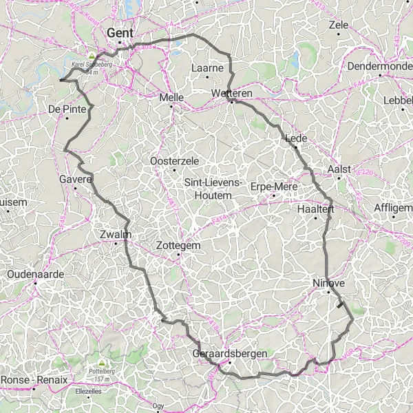 Miniature de la carte de l'inspiration cycliste "Boucle Route passionnante près de Sint-Martens-Latem" dans la Prov. Oost-Vlaanderen, Belgium. Générée par le planificateur d'itinéraire cycliste Tarmacs.app