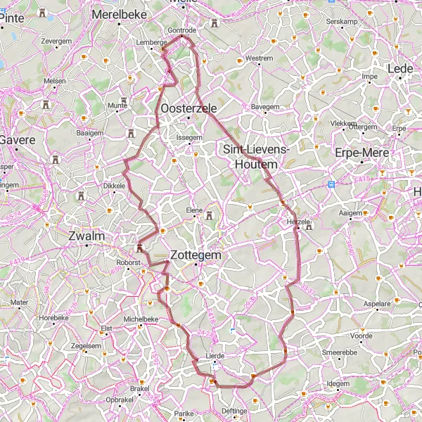 Map miniature of "Lierde - Eikenmolen (gravel) Round-trip" cycling inspiration in Prov. Oost-Vlaanderen, Belgium. Generated by Tarmacs.app cycling route planner