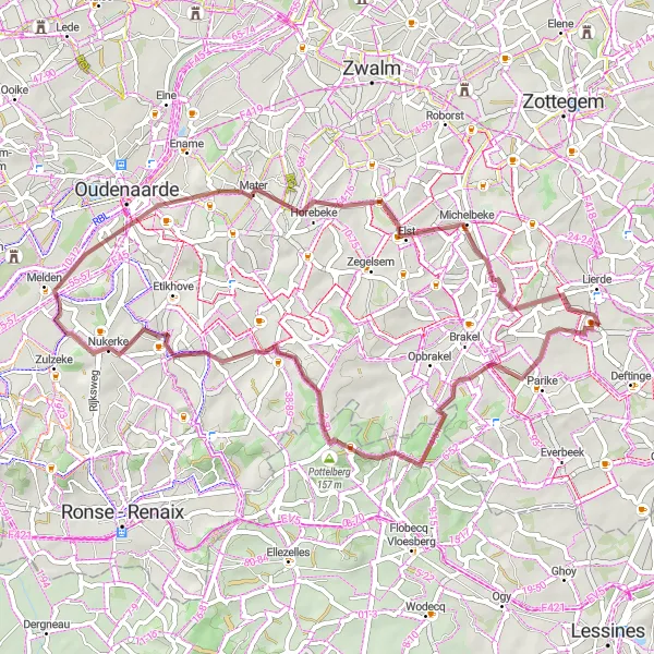 Map miniature of "Lierde - La Houppe - Hoppeberg - Stationsberg - Nukerke - Wolvenberg - Mater - Michelbeke - Eikenmolen" cycling inspiration in Prov. Oost-Vlaanderen, Belgium. Generated by Tarmacs.app cycling route planner