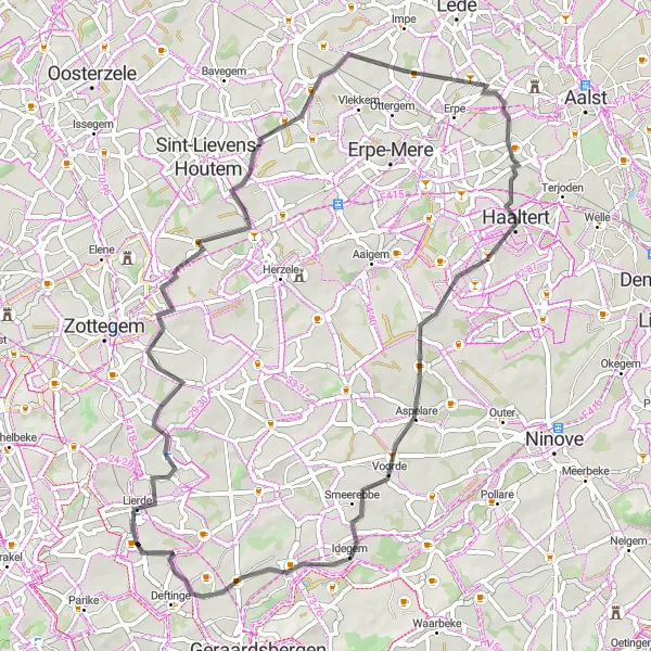 Map miniature of "Lierde - Deftinge (gravel) Round-trip" cycling inspiration in Prov. Oost-Vlaanderen, Belgium. Generated by Tarmacs.app cycling route planner