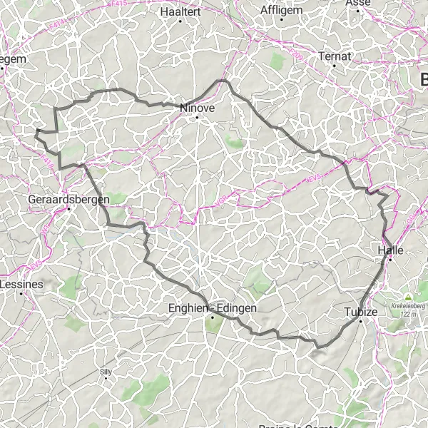 Map miniature of "Lierde - Steenhuize-Wijnhuize - Lennik - Halle - Enghien - Onkerzele - Bridge" cycling inspiration in Prov. Oost-Vlaanderen, Belgium. Generated by Tarmacs.app cycling route planner