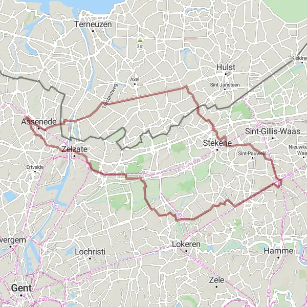 Map miniature of "De Klinge Gravel Loop" cycling inspiration in Prov. Oost-Vlaanderen, Belgium. Generated by Tarmacs.app cycling route planner