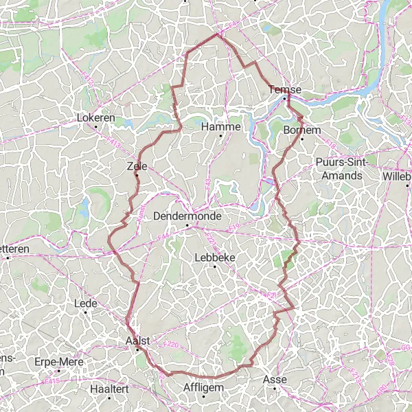 Map miniature of "Sint-Niklaas - Temse - Kasteel van Opdorp - Oriëntatietafel - Aalst - Durmen - Belsele" cycling inspiration in Prov. Oost-Vlaanderen, Belgium. Generated by Tarmacs.app cycling route planner