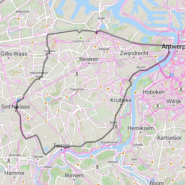 Miniatuurkaart van de fietsinspiratie "Sint-Niklaas naar Bazel Road Trip" in Prov. Oost-Vlaanderen, Belgium. Gemaakt door de Tarmacs.app fietsrouteplanner