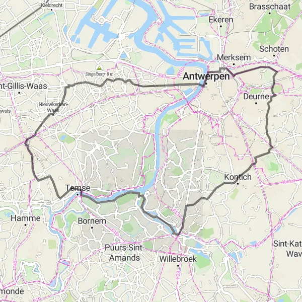 Map miniature of "Kontich Road Adventure" cycling inspiration in Prov. Oost-Vlaanderen, Belgium. Generated by Tarmacs.app cycling route planner