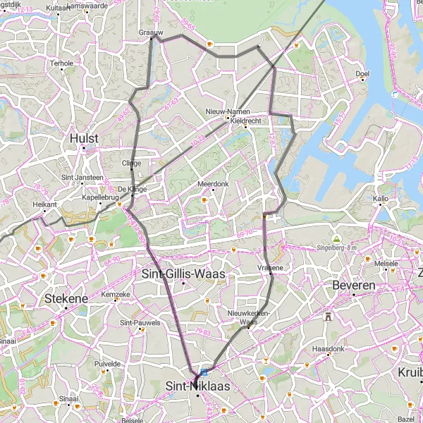 Map miniature of "Sint-Niklaas - Clinge - Emmadorp - Vrasene - Exaerdekenshof" cycling inspiration in Prov. Oost-Vlaanderen, Belgium. Generated by Tarmacs.app cycling route planner