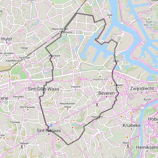 Map miniature of "Sint-Niklaas - Sint-Gillis-Waas - Saftingen - Kallo - Velle - Kasteel Walburg" cycling inspiration in Prov. Oost-Vlaanderen, Belgium. Generated by Tarmacs.app cycling route planner