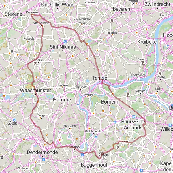 Miniatuurkaart van de fietsinspiratie "Gravelavontuur door het Waasland" in Prov. Oost-Vlaanderen, Belgium. Gemaakt door de Tarmacs.app fietsrouteplanner
