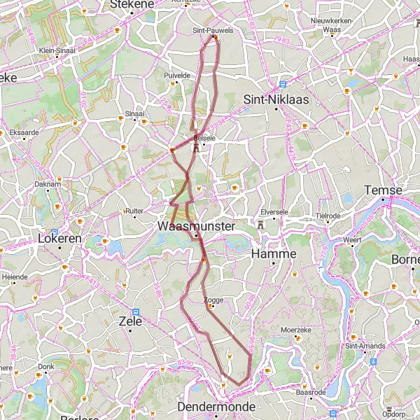 Miniatuurkaart van de fietsinspiratie "Gravelroute rond Sint-Pauwels" in Prov. Oost-Vlaanderen, Belgium. Gemaakt door de Tarmacs.app fietsrouteplanner